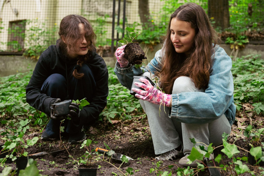 Two female students from USWPS plant ivy in the park